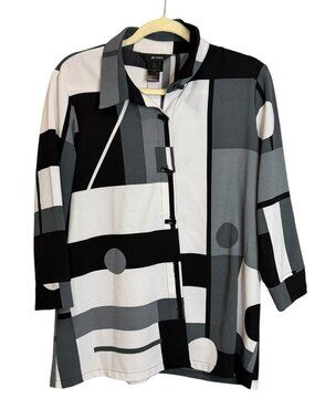 Ali Miles Blouse Women's Medium Abstract Geometric Color Block Black Gray White